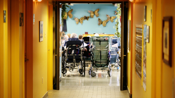 A view of wheelchairs and hospital bed at a nursing home facility